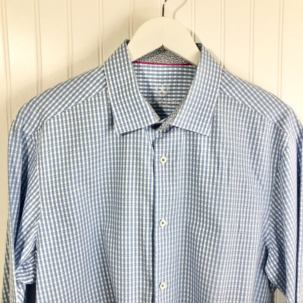 Bugatchi Men's Blue and White Plaid Dress Shirt Sz 17
